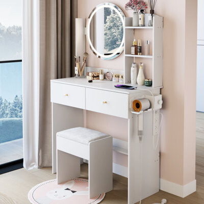 17" Round Led Mirror Vanity Table With Cushioned Stool, 3 - Color Brightness Adjustable , Touch Operated, Built In 2 Ac + 1 Type C Ports, High Capacit