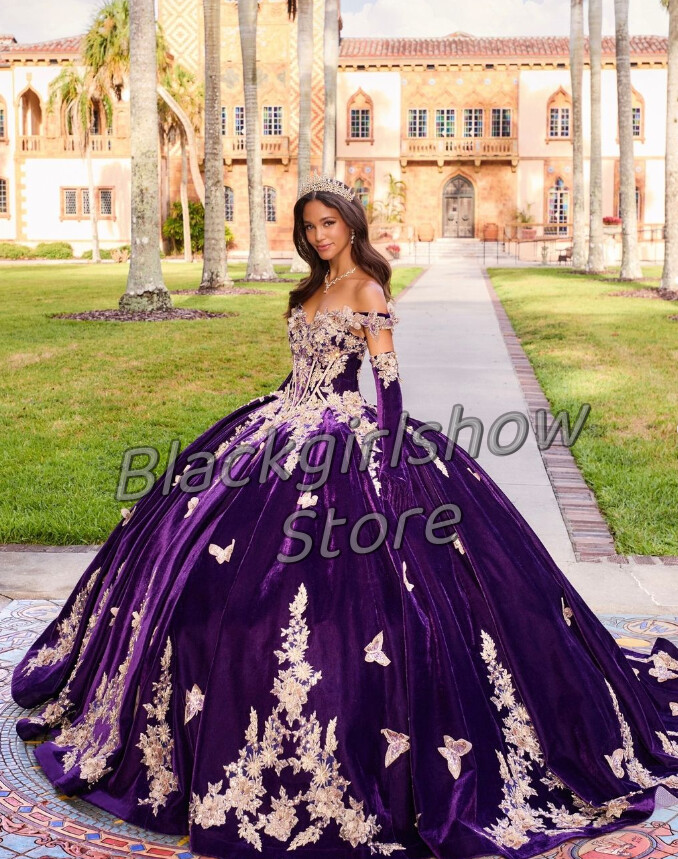 Gendriergarcia Purple Luxury Velvet 15 Dress Elegant Bustier Butterfly Crystal Applique Tight Birthday Party 15 Quinceanera Dresses 2025 Custom