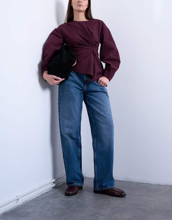 Topshop Hourglass Cinch low rise relaxed jeans in mid blue