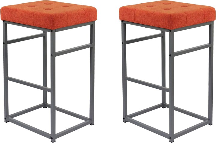 Gia 30-Inch Bar Height Square Backless Metal Stool with Orange Chenille Cushion