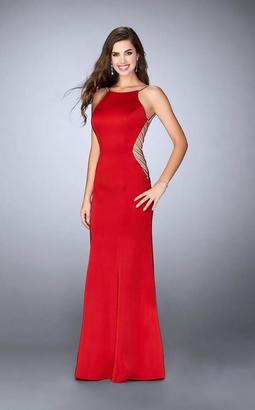 La Femme Sleeveless High Neck Beaded Side Cutout Jersey Dress 23718