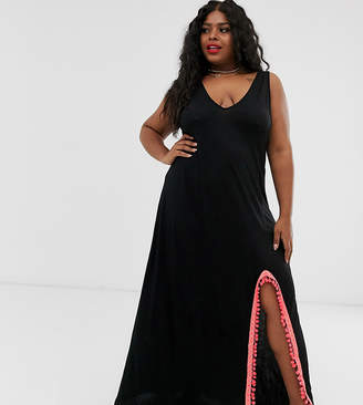 ASOS Curve DESIGN Curve jersey beach maxi cover up with side split & neon tape trim