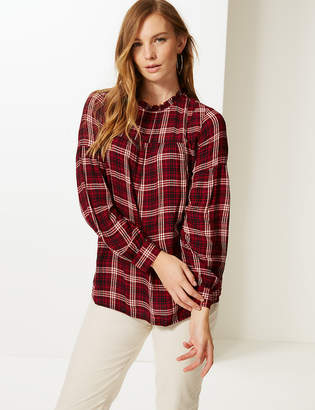 Marks and Spencer Checked Round Neck Long Sleeve Blouse