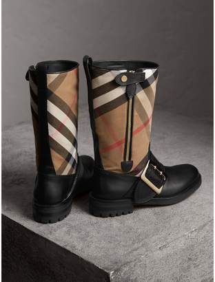 Burberry House Check Buckle Detail Leather Boots