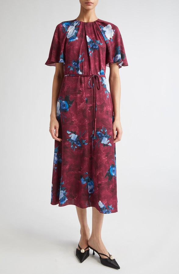 Erdem Abstract Rose Print Short Sleeve Satin Midi Dress