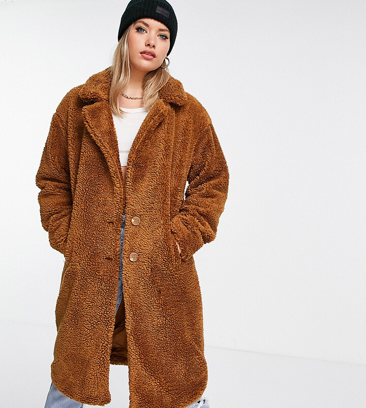 Threadbare Tall Bear oversized borg coat in tan - ShopStyle