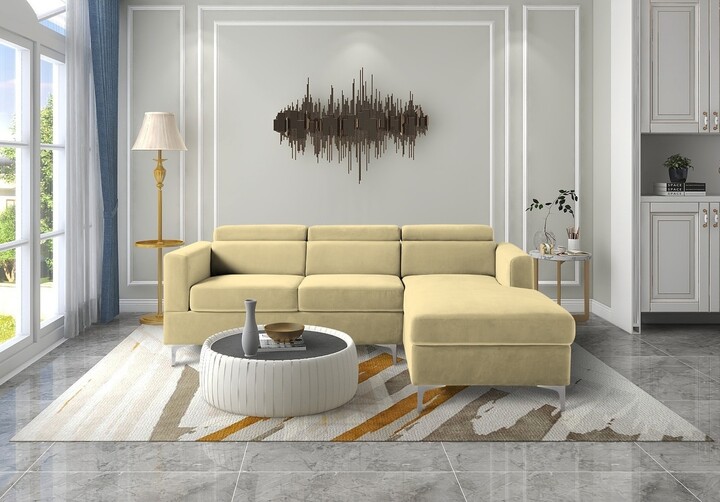 83.4” Beige Sectional Sofa beige velvet sofa with Adjustable Headrest