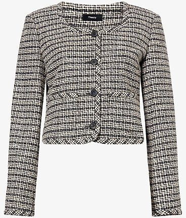 Theory Womens Shale Multi Collarless Cropped Cotton-Blend Jacket 10