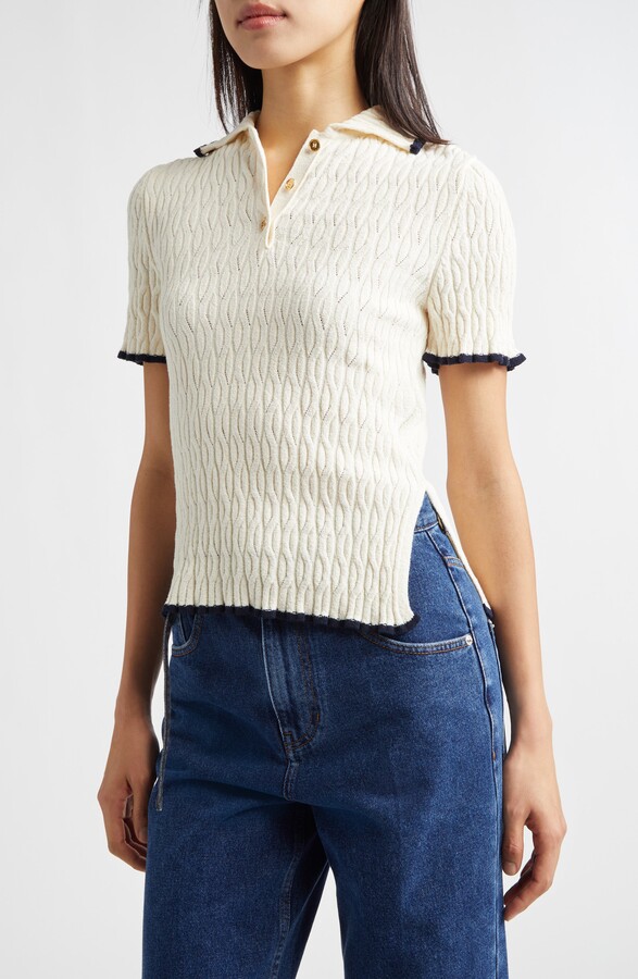 EENK Contrast Trim Pointelle Cable Knit Polo