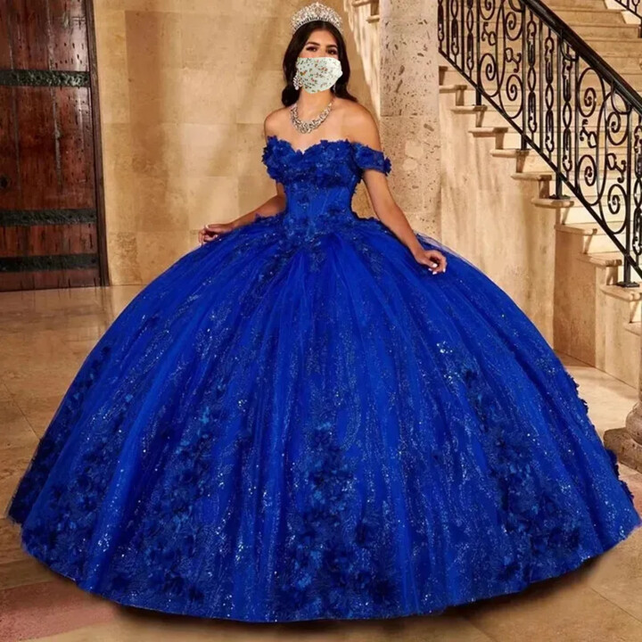 Princess Royal Blue Quinceanera Dress Off Shoulder Beads With 3D Flowers Ball Gown Elegant Tulle vestido de 15 quinceañeras 2025