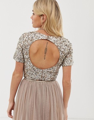Lace & Beads cropped top with embellishment and open back co-ord