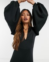 Thumbnail for your product : True Violet plunge balloon sleeve wide leg jumpsuit in black