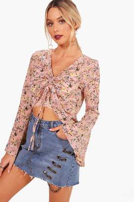 boohoo Floral Woven Ruched Front Blouse