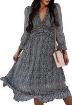 Thumbnail for your product : Pink Wind Women's Floral V Neck Fall Midi Dress Long Sleeve Ruffle Flowy Swing Boho Dress Navy Blue S