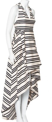 Alice + Olivia Beige & Black Striped Cotton Pleated High Low Hem Aveena Gown S