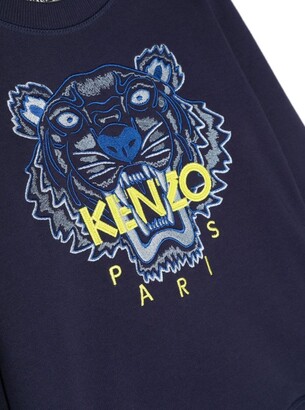 Kenzo Kids Blue Crewneck Sweatshirt With Embroidered Tiger And Logo In Cotton Boy