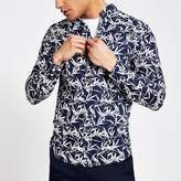Thumbnail for your product : River Island Jack and Jones navy leaf print slim fit shirt