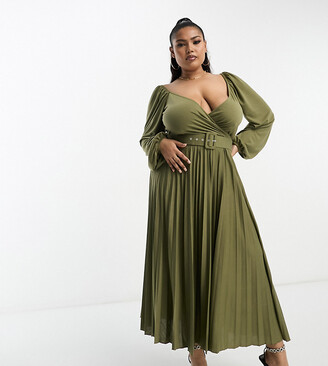 Dark Green Lace Layer High Neck Short Sleeve Pleated Skirt Midi Dress