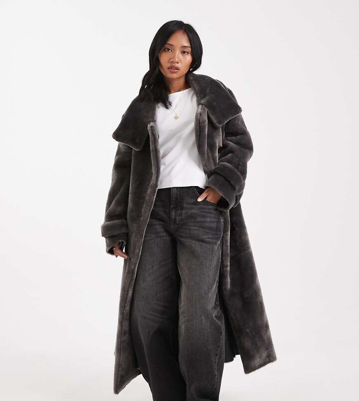 ASOS Petite ASOS DESIGN Petite longline cozy teddy funnel neck coat in charcoal