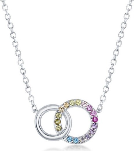 Bella Silver BellaSilverSterlingSilverRainbowCZDoubleLinkedCircleNecklace-Multi-16+2Inch