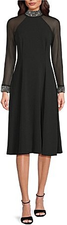 Oleg Cassini Scuba Crepe Beaded Mock Neck Sheer Long Sleeve A-Line Midi Dress