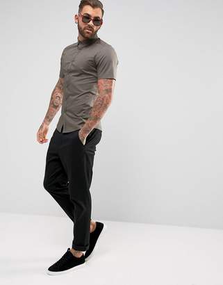 ASOS DESIGN skinny shirt in khaki with button down collar