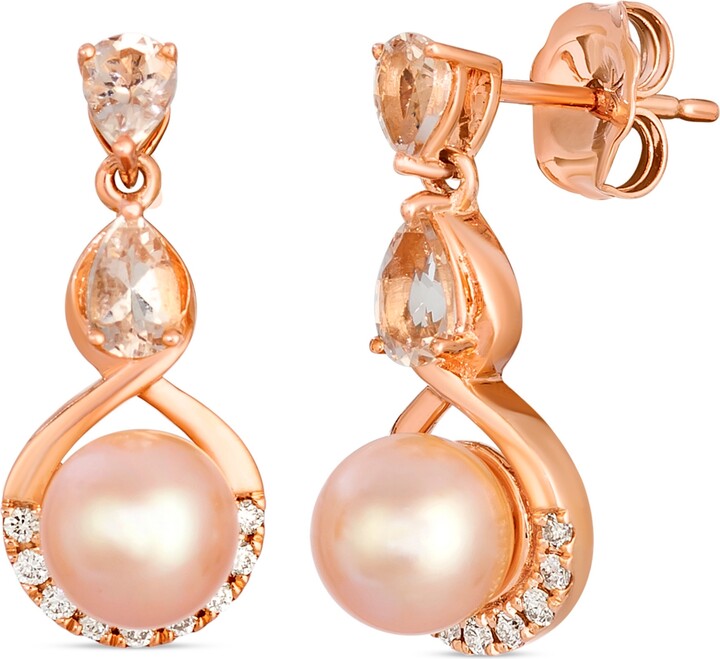 LeVian Freshwater pearl (6-7mm) Morganite (0.50 ct. t.w.) & Diamond (0.13 ct. t.w.) Earrings in 14k Strawberry Gold