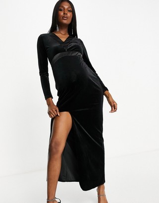 Jaded Rose Maternity exclusive velvet maxi dress with satin tux detail in black