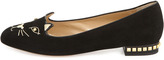 Thumbnail for your product : Charlotte Olympia Kitty Cat-Embroidered Stud-Heel Flat, Black