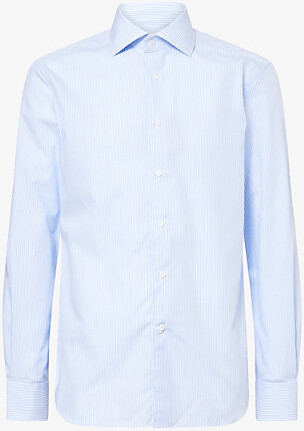 Corneliani Mens Blue Melange China Regular-Fit Stripe-Print Wrinkle-Free Cotton Shirt 16