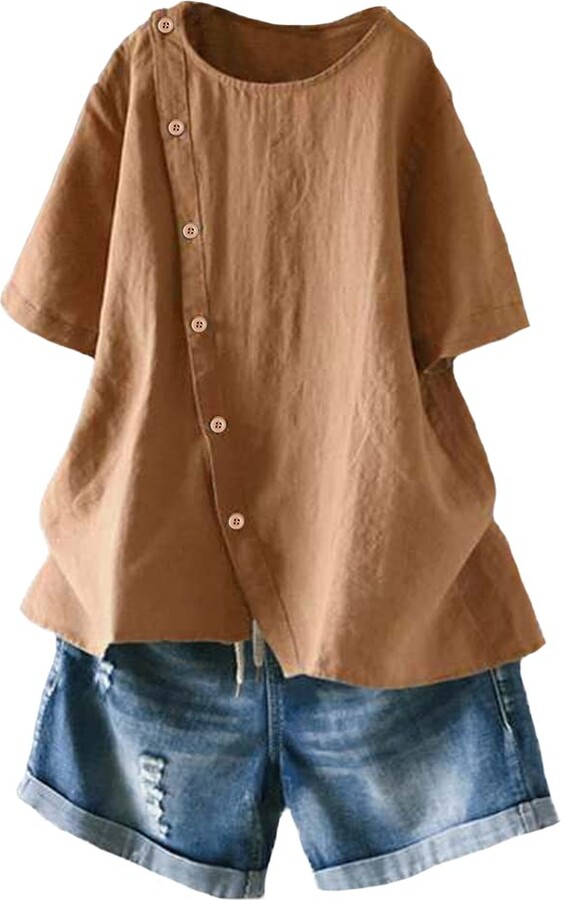 Linen Shirts for Women Loose Cotton Linen Short Sleeve Top Casual Buttons Round Neck Blouse 