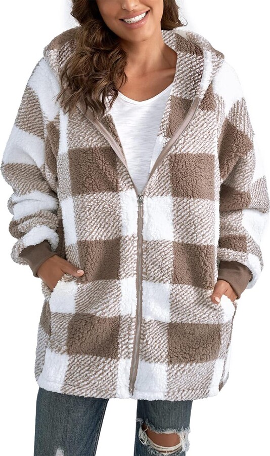 ABINGOO Women's Teddy Fleece Coat Plaid Warm Winter Jacket Hooded