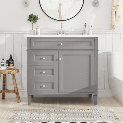 KUNMINGZHUANGZHEN 36'' Bathroom Vanity With Top Sink, Modern Bathroom Storage Cabinet With 2 Drawers And A Tip-Out Drawer, Single Sink Bathroom Vanity