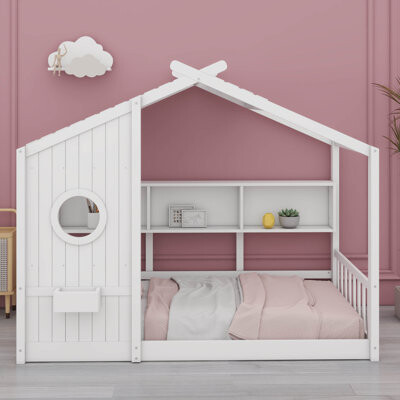 Harper Orchard Floor Bed With Shelves, Bed Frame For Kids, House Shaped Toddler Bed Frame, Solid Wood Kids Bed With Roof