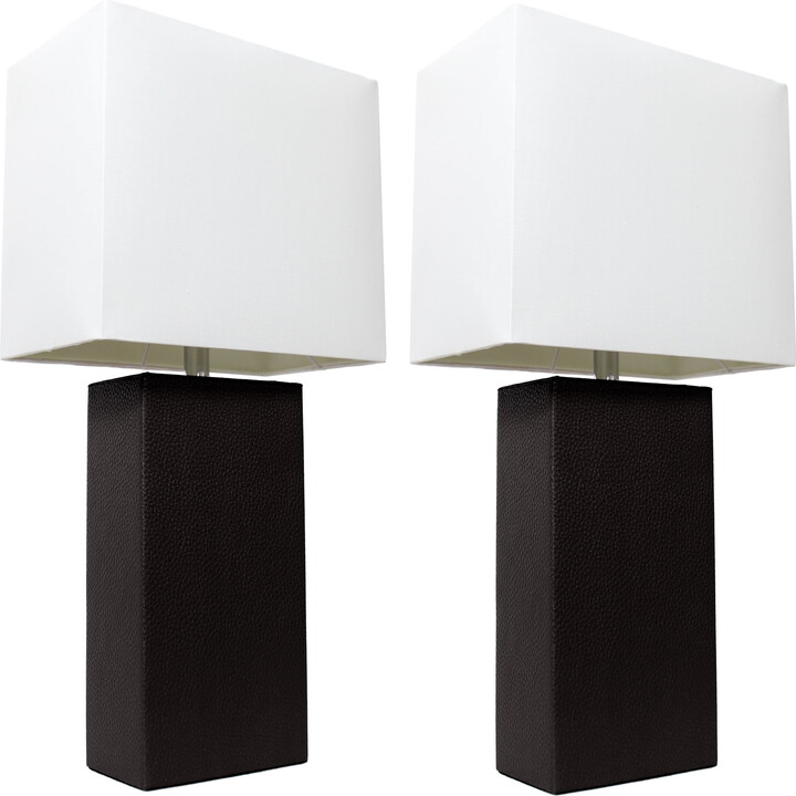 Elegant Designs 2 Pack Modern Leather Table Lamps with White Fabric Shades, Black