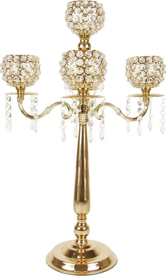 Living Luxury Gold Crystal Bead Candelabra Candlestick Candle Holder