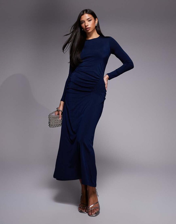 Rare London satin smocked detailing maxi dress in navy