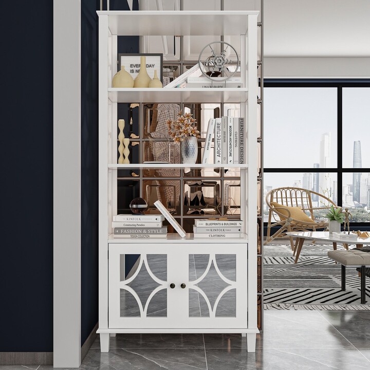 FAMAPY Buffet with Shelves PVC Glass Doors Open Shelves Lacuqer