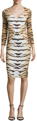 Roberto Cavalli Tiger-Print 3/4-Sleeve Gathered Sheath Dress
