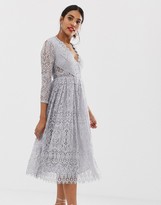 asos design square neck 3d floral lace midi prom dress