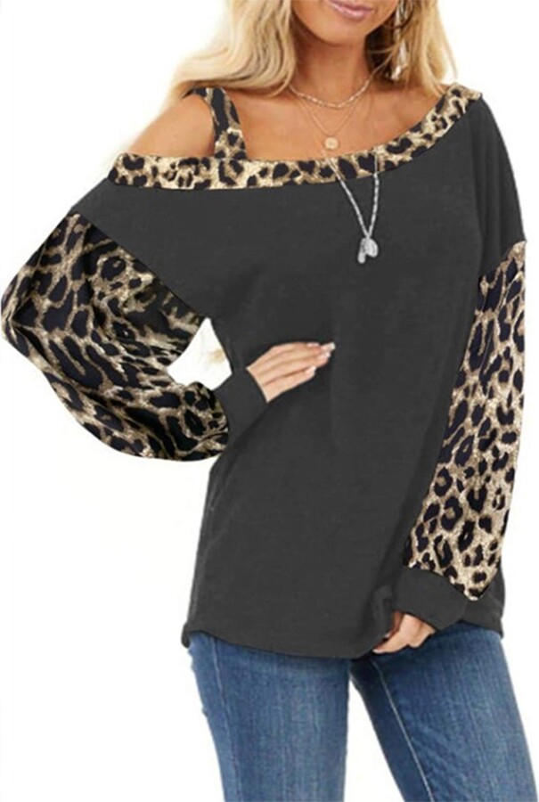 Thyone Womens Casual Leopard Cold Shoulder Long Sleeve Loose Pullover Tops