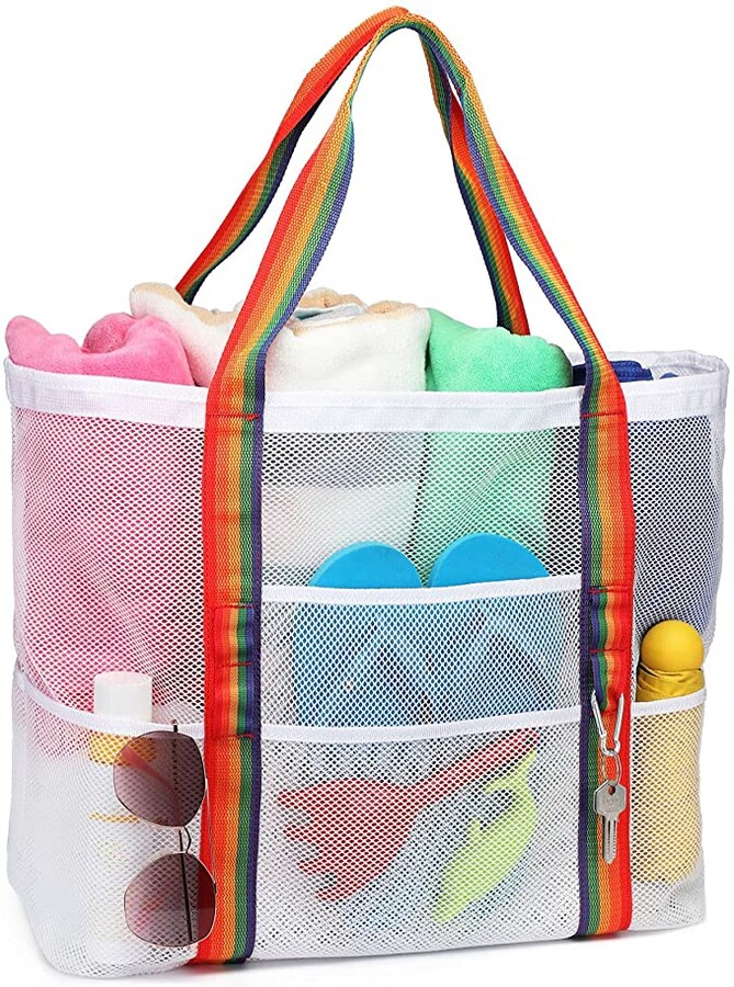 Cambond Mesh Beach Bag, Large Beach Tote Bag with Zipper and Multiple Pockets for Beach, Picnic