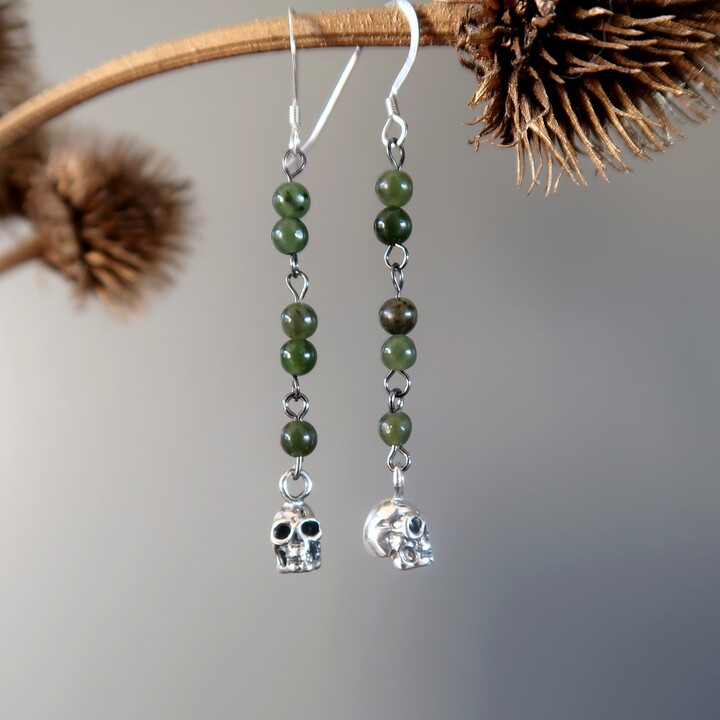 Etsy Jade Earrings Lucky in Life Skull Nephrite Green Gemstones, Sterling Silver