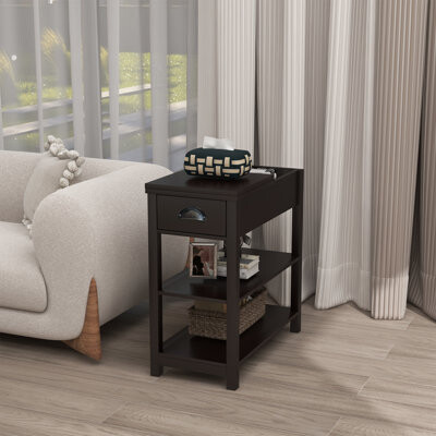 Winston Porter Brown Retro Narrow Side Table With Flip-open Storage And Drawers