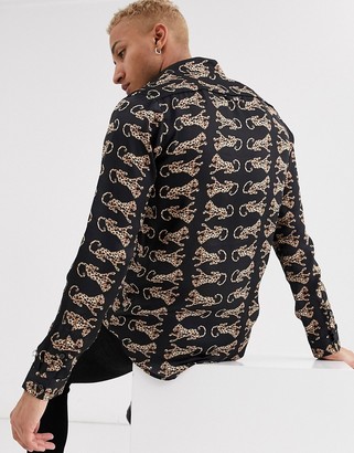 Hermano long sleeve shirt in dark navy with leopard print