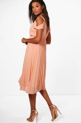 boohoo Chiffon Lace Trim Cold Shoulder Pleated Skater