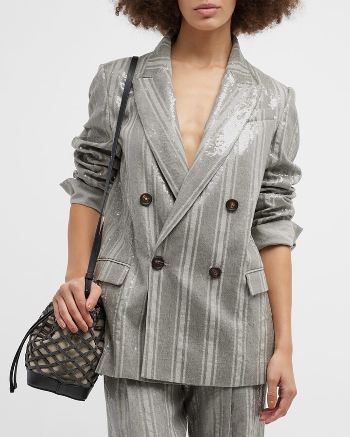Brunello Cucinelli Paillette Stripe Linen DoubleBreasted Blazer Jacket