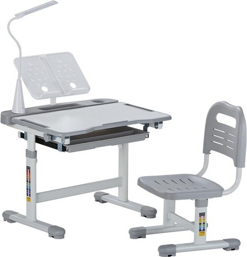 VEVORKidsStudyDeskandChairSetwithLEDLampHeightAdjustableChildrenStudyTablewith0–40°TiltedDesktopforBedroomandStudyRoomGrey