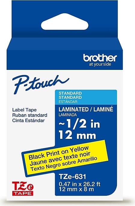 Brother P-touch Laminated Label Tape, 1/2" x 26.2', Black on Yellow, 2/Pack (TZe6312PK)
