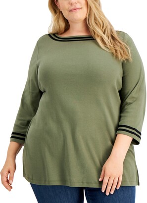 Karen Scott Plus Size Contrast Trim 3/4-Sleeve Tunic, Created for Macy's